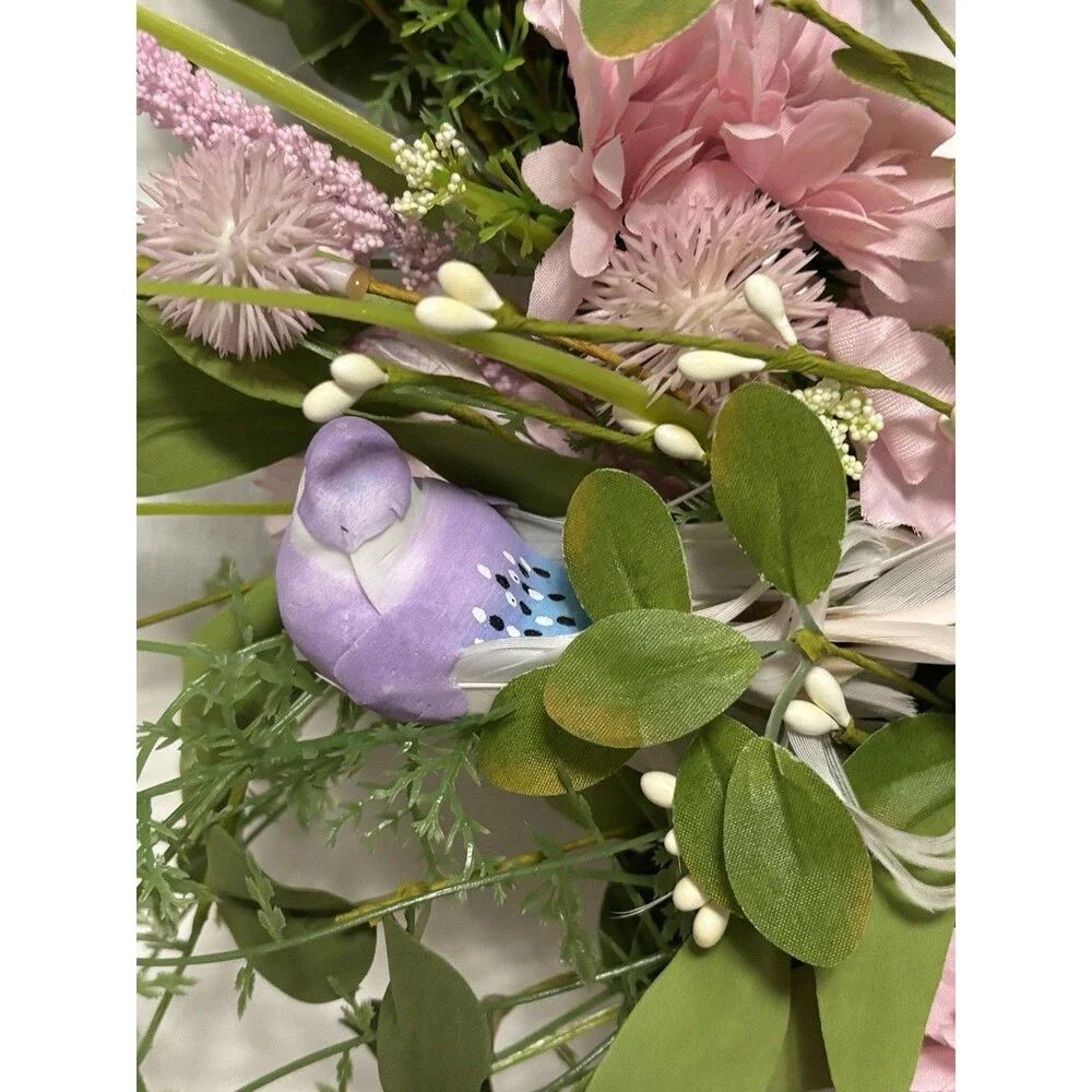 Pink Daisy Spring Summer Farmhouse 12 Inch Wreath Birds Butterflies Chic Easter